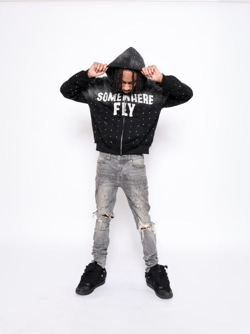 Black Rhinestone zip up